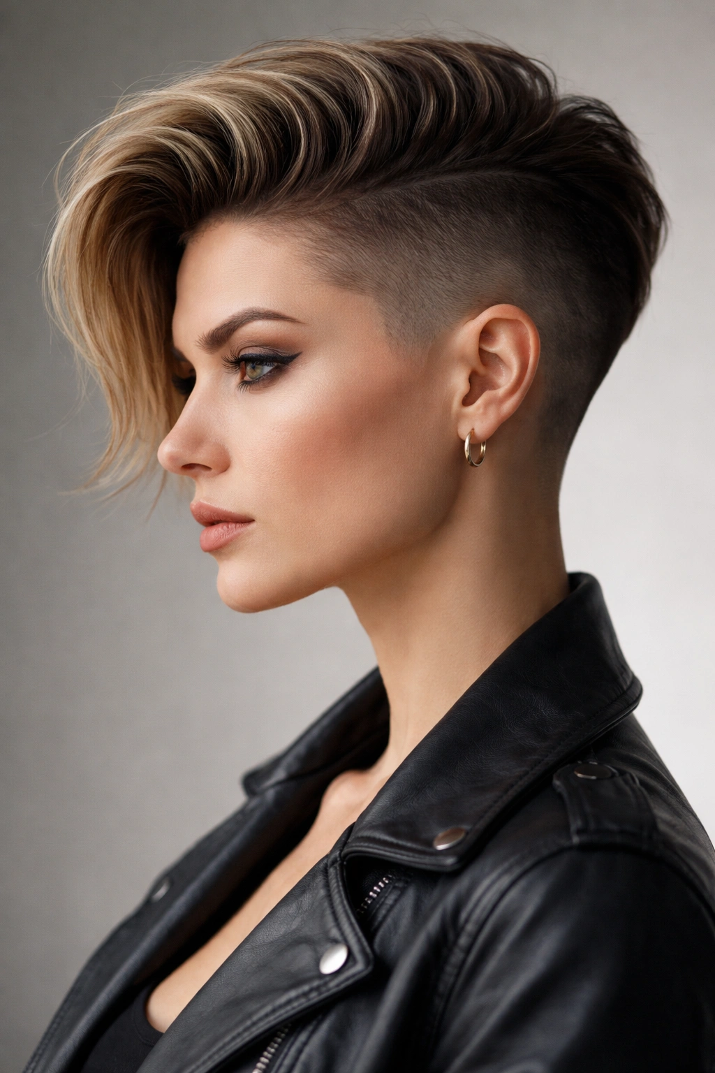 12 Short Haircuts With Shaved Sides For Bold Women 2 Portrait of a woman with a long top and disconnected undercut showing bold contrast between top and shaved sides