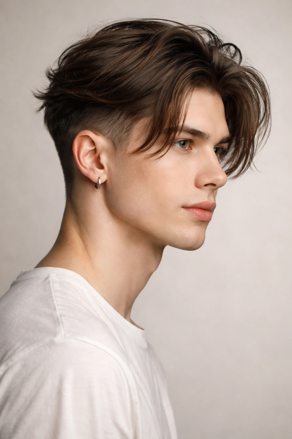 Close-up portrait of a man with a soft undercut and long top hair, showing a fluid silhouette.