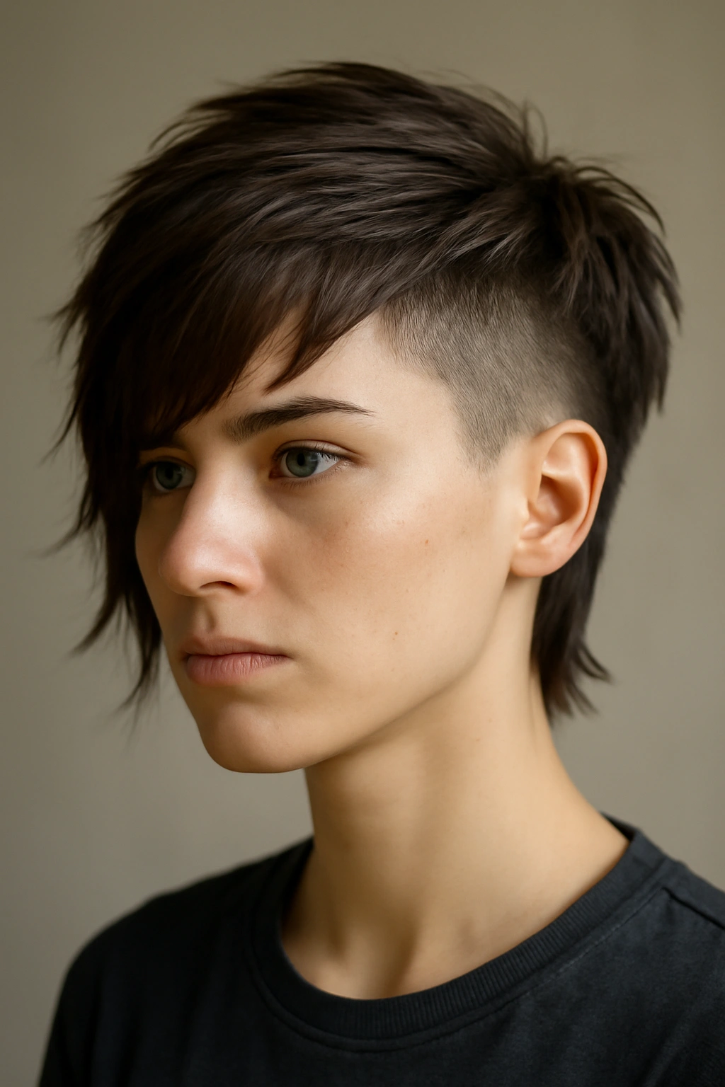 10 Short Hairstyles Straight Out of Anime (But Wearable) 7 Close-up of a person showing an undercut with long textured top layers in a three-quarter view