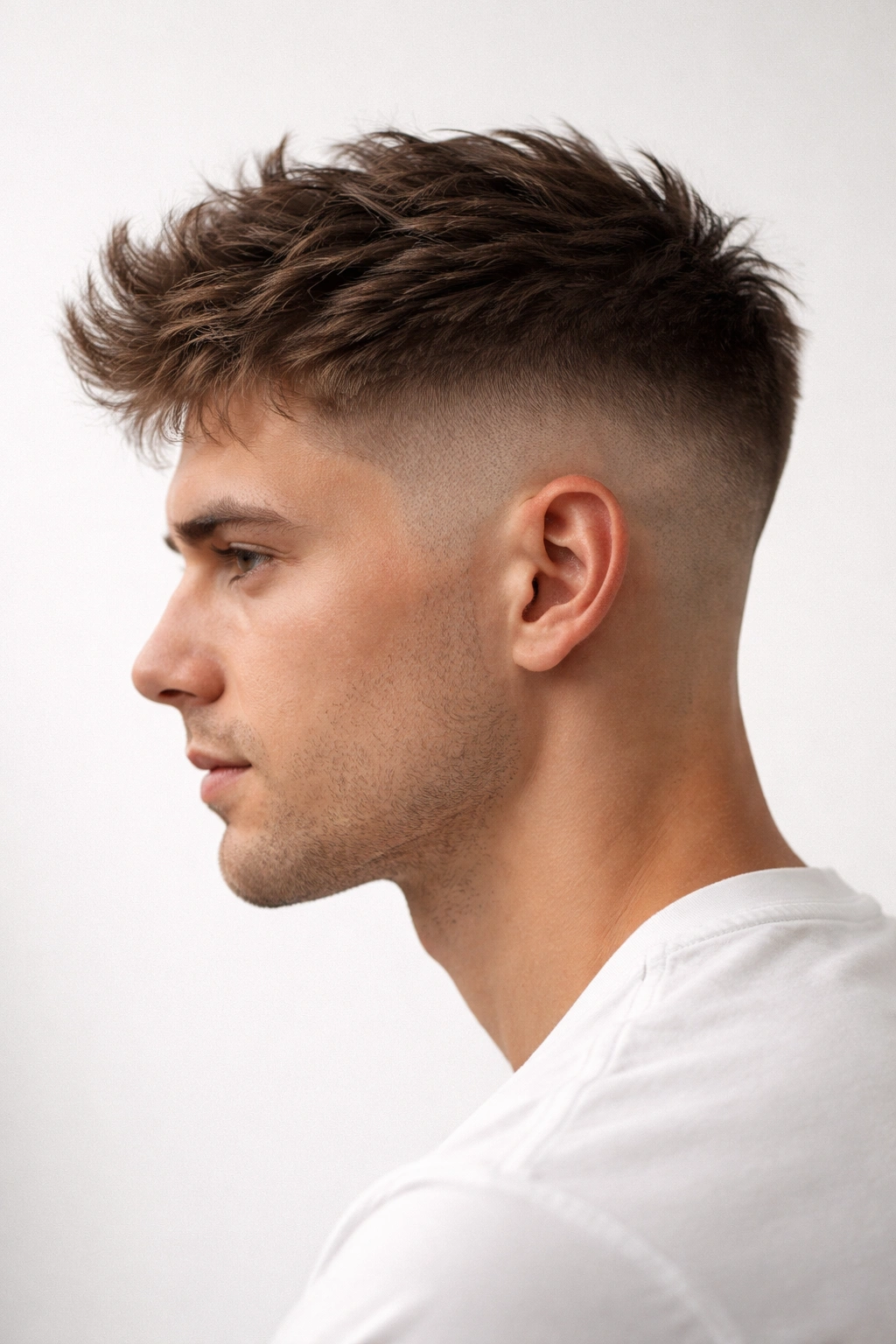 Side-profile of low-fade undercut with shaved sides and textured top