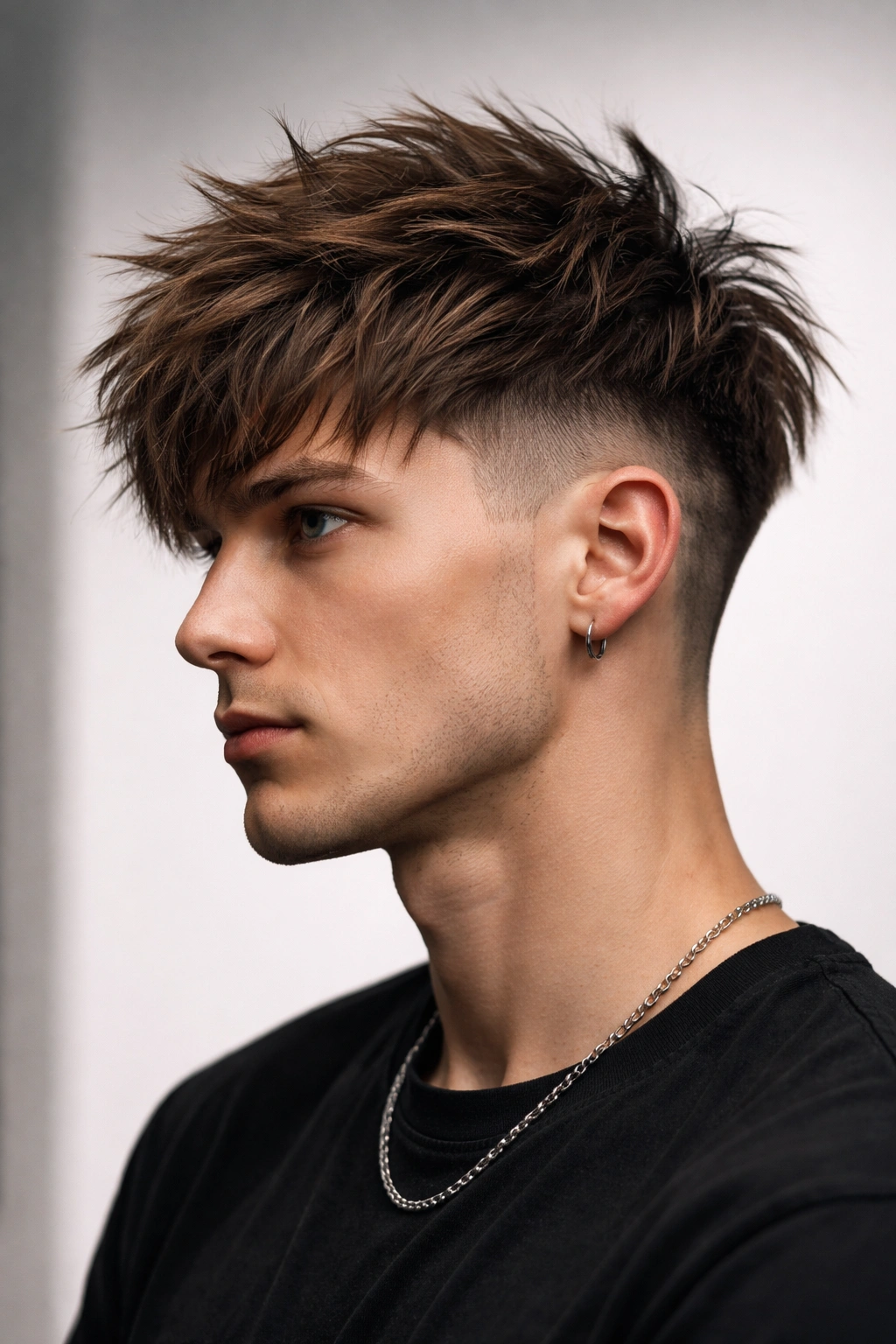 Medium-length hair with choppy layers and a visible undercut