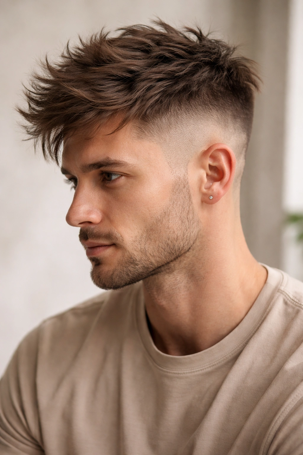 Side view of a disconnected undercut with a messy, textured top