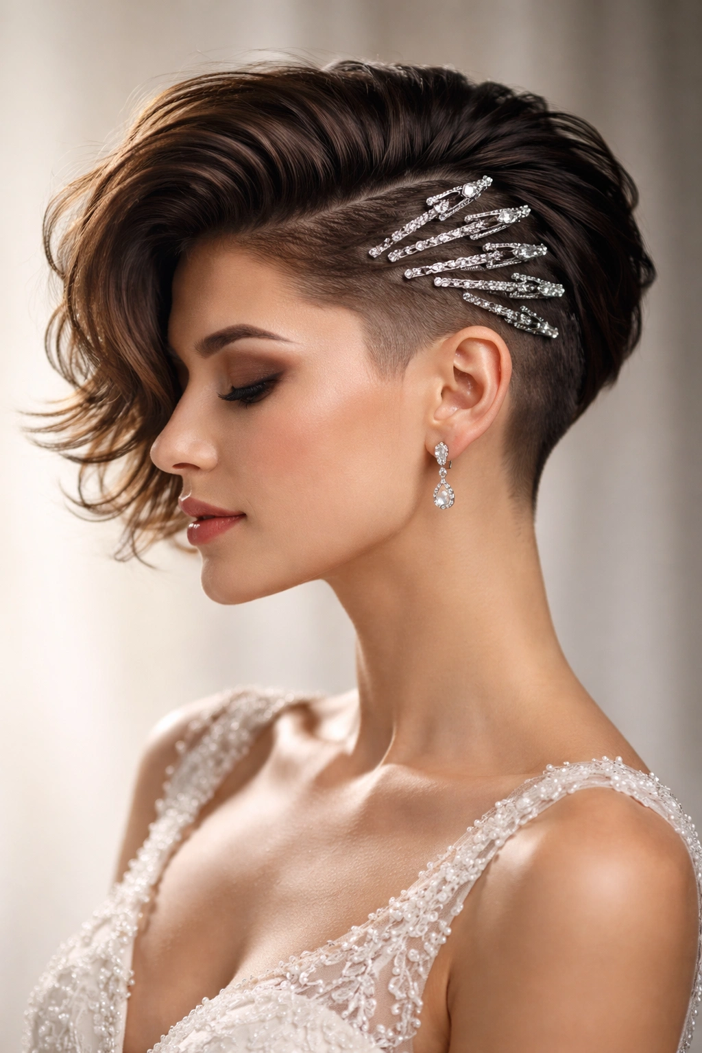 Side-swept undercut with metallic details in bridal hairstyle
