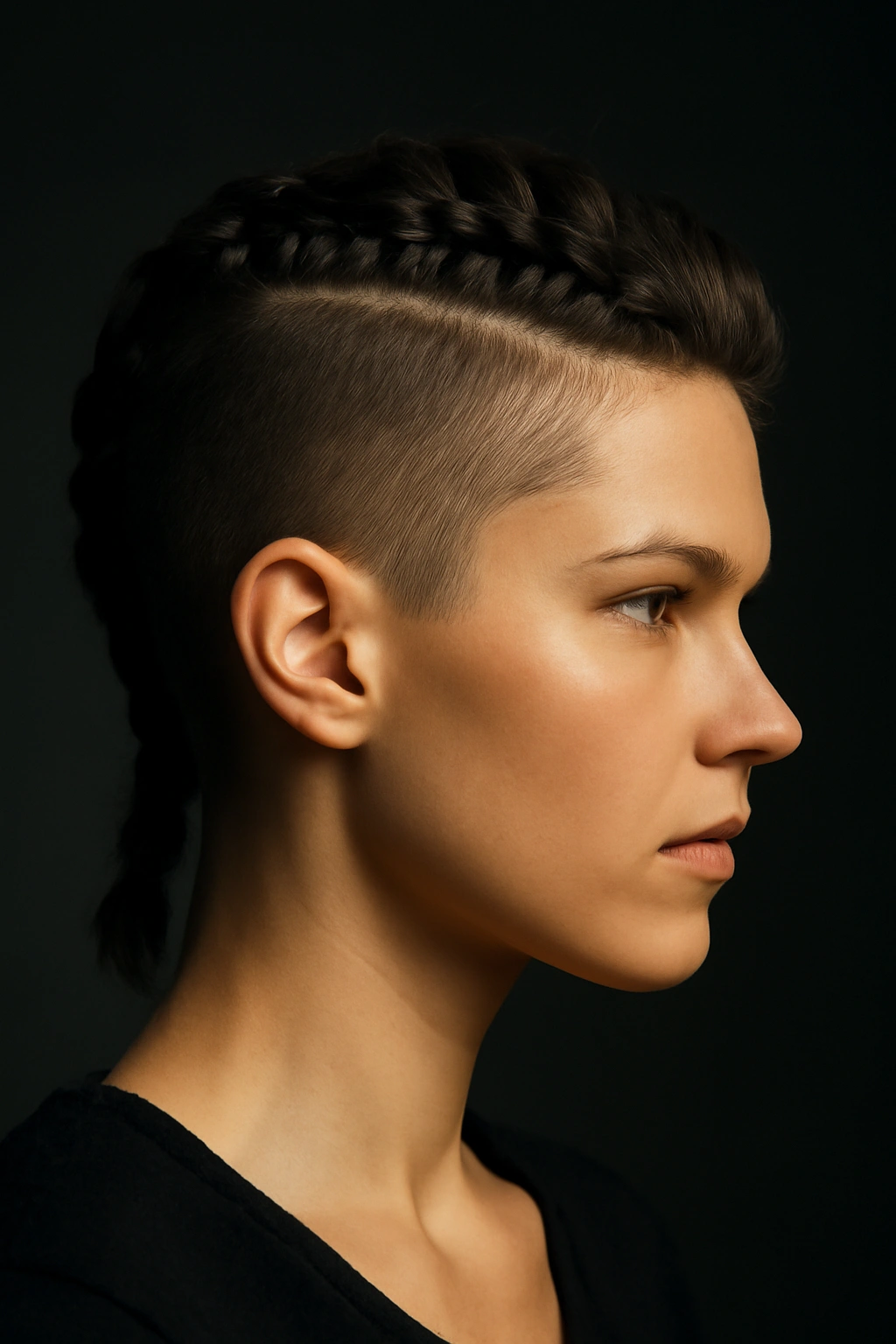 Mohawk braid with undercut featuring shaved sides and high-contrast braid on top