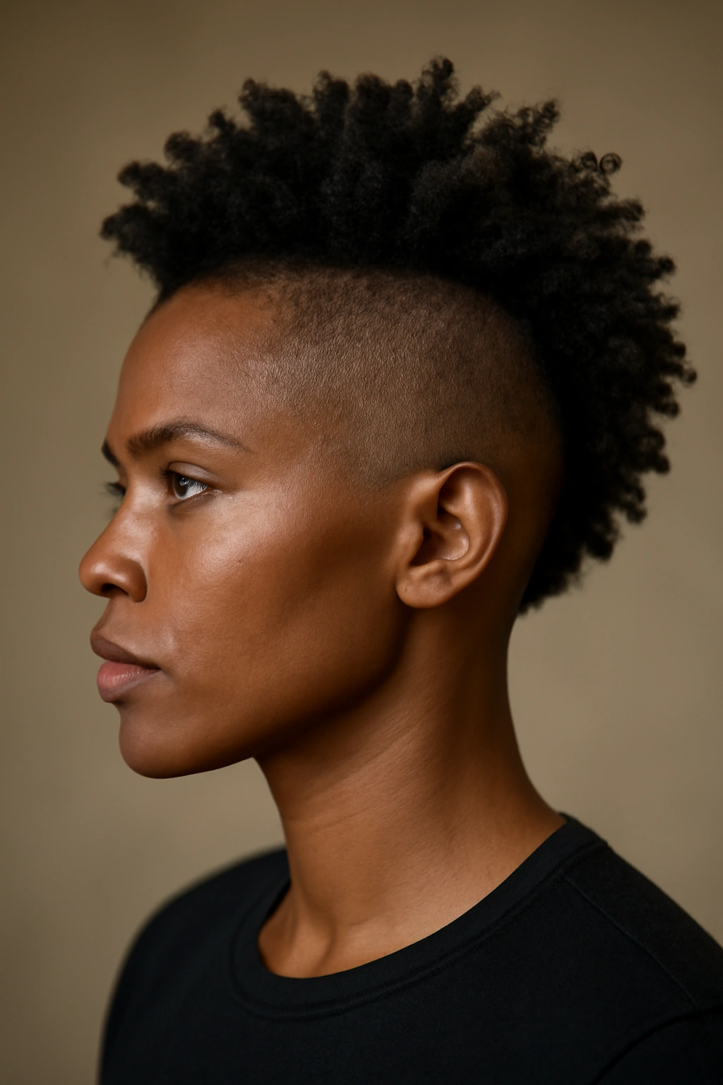 Short Natural Haircuts for Coily and Curly Textures 6 Head view of undercut with shaved sides and long center Mohawk curls