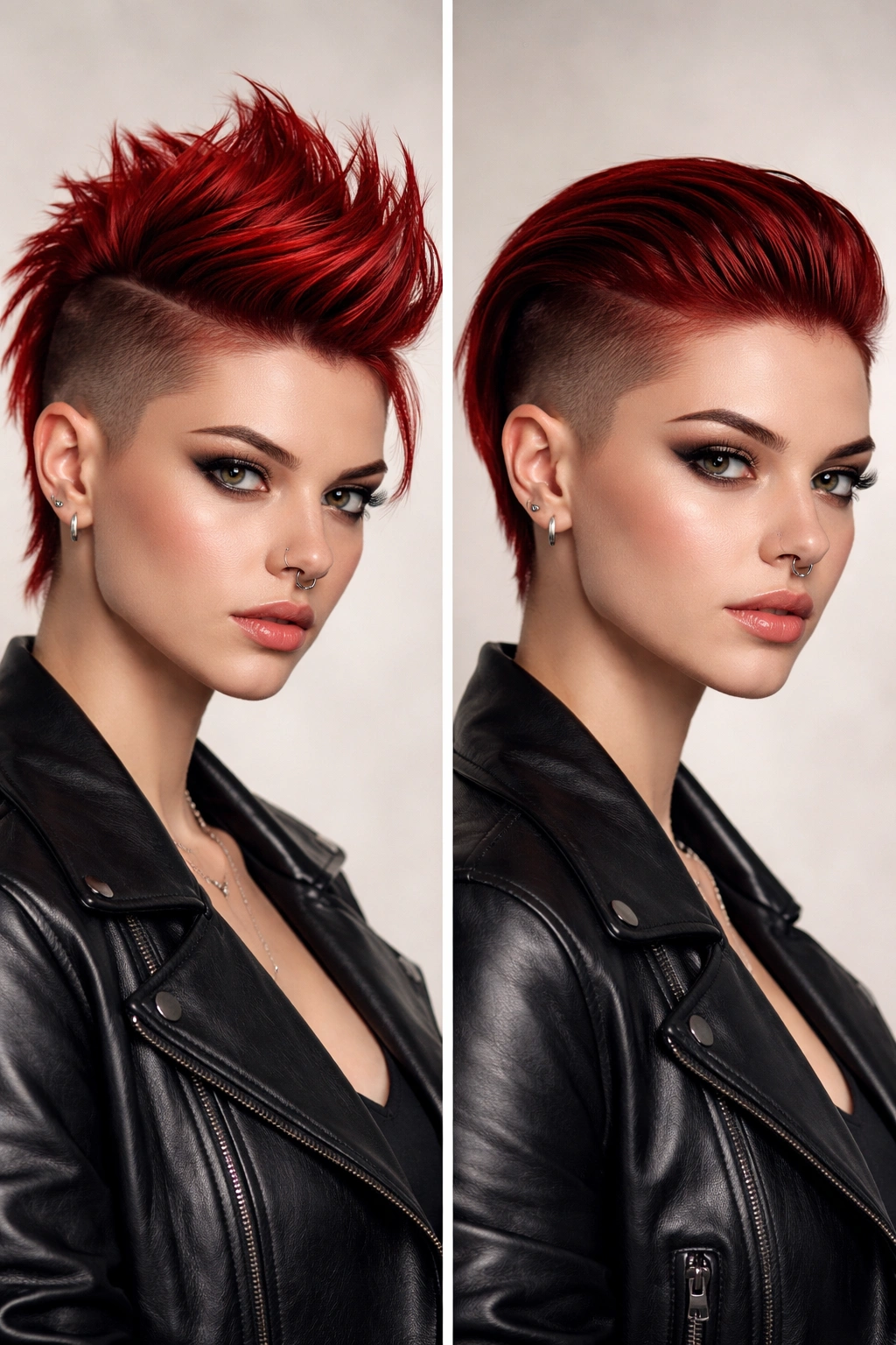 Portrait of red hair in a disconnected undercut mohawk showing shaved sides and long central strip.