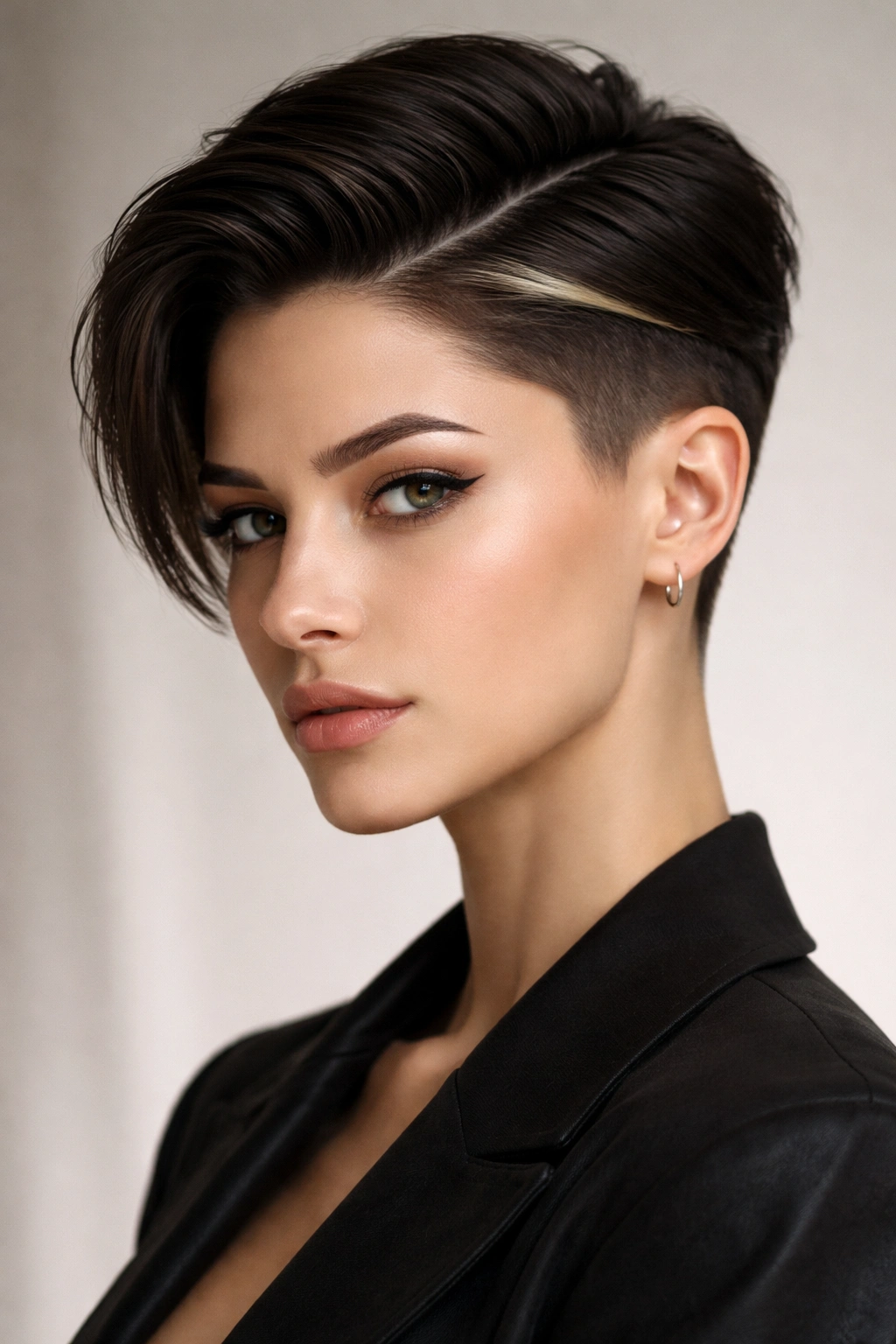 Portrait of sleek undercut with discrete money piece barely visible.