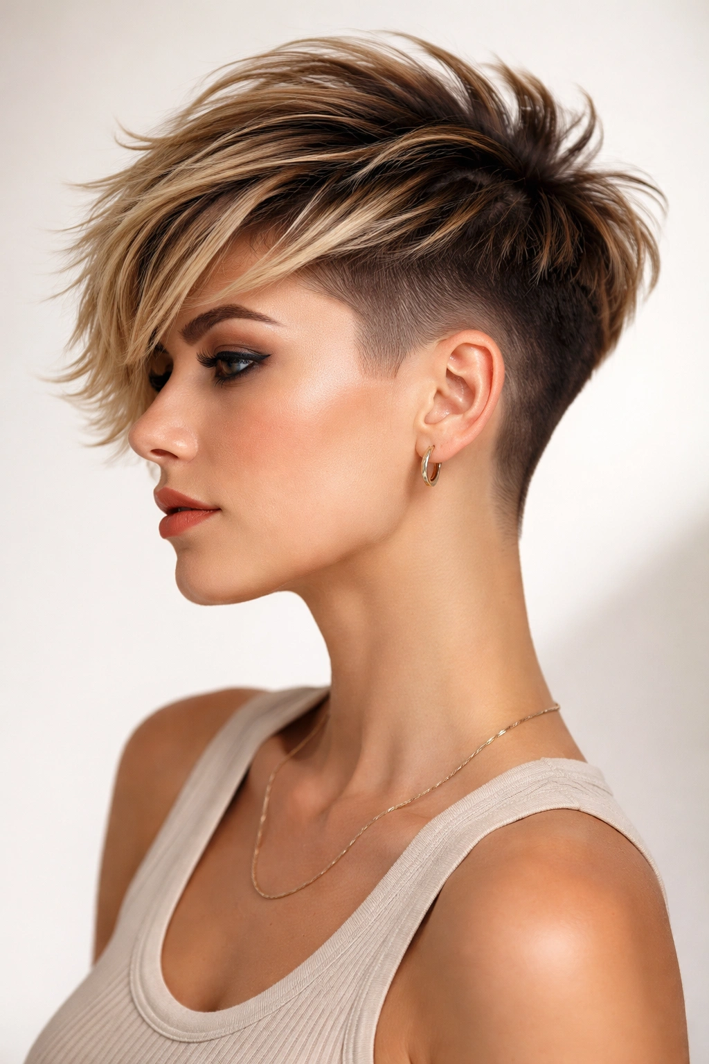 Portrait of a disconnected undercut with longer top layers showing dramatic movement.