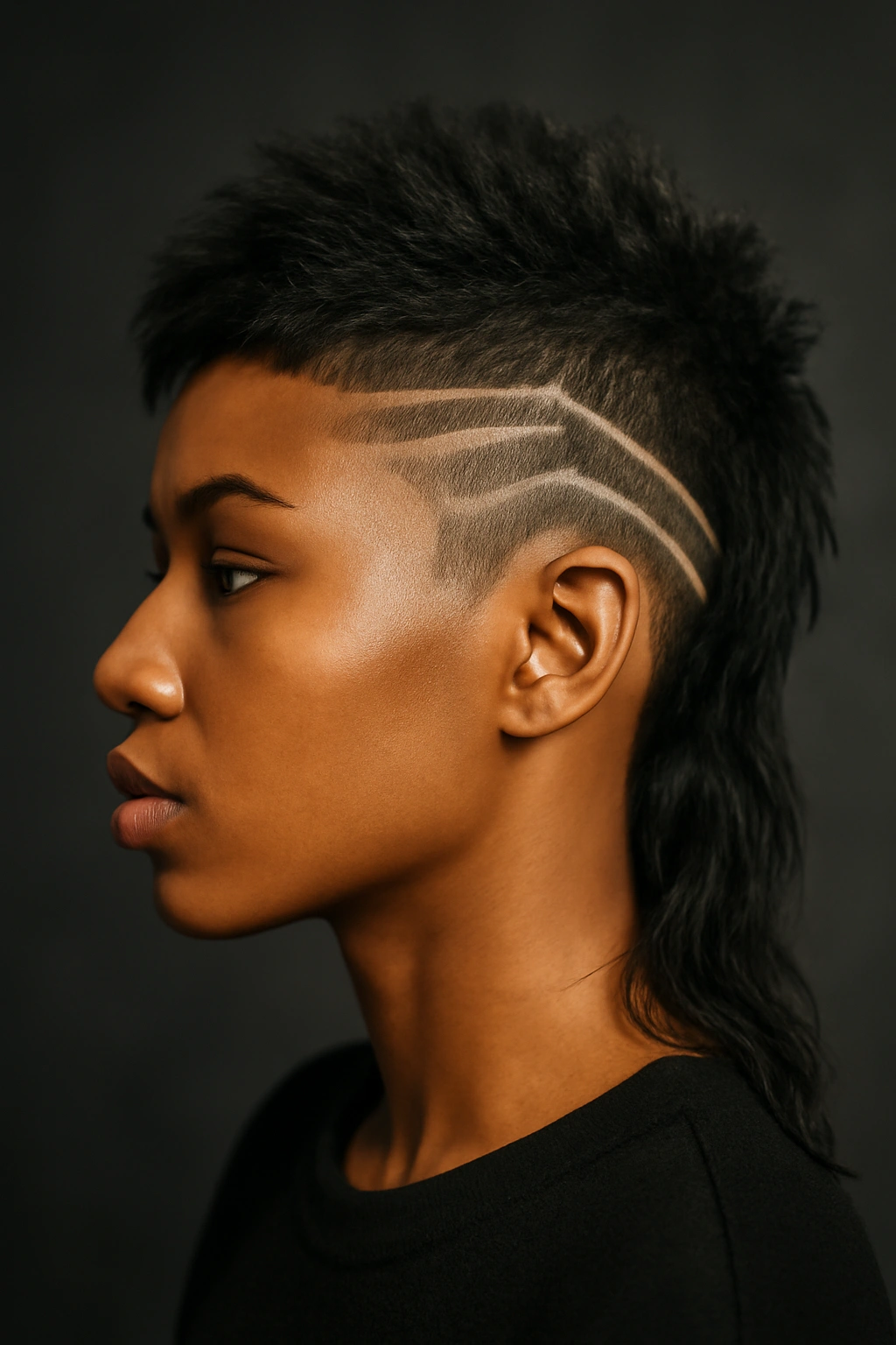 10 Short Mullet Styles Black Women Are Loving 8 Side profile of a person with The Undercut Mullet with Design Details, showing shaved sides with bold geometric patterns.
