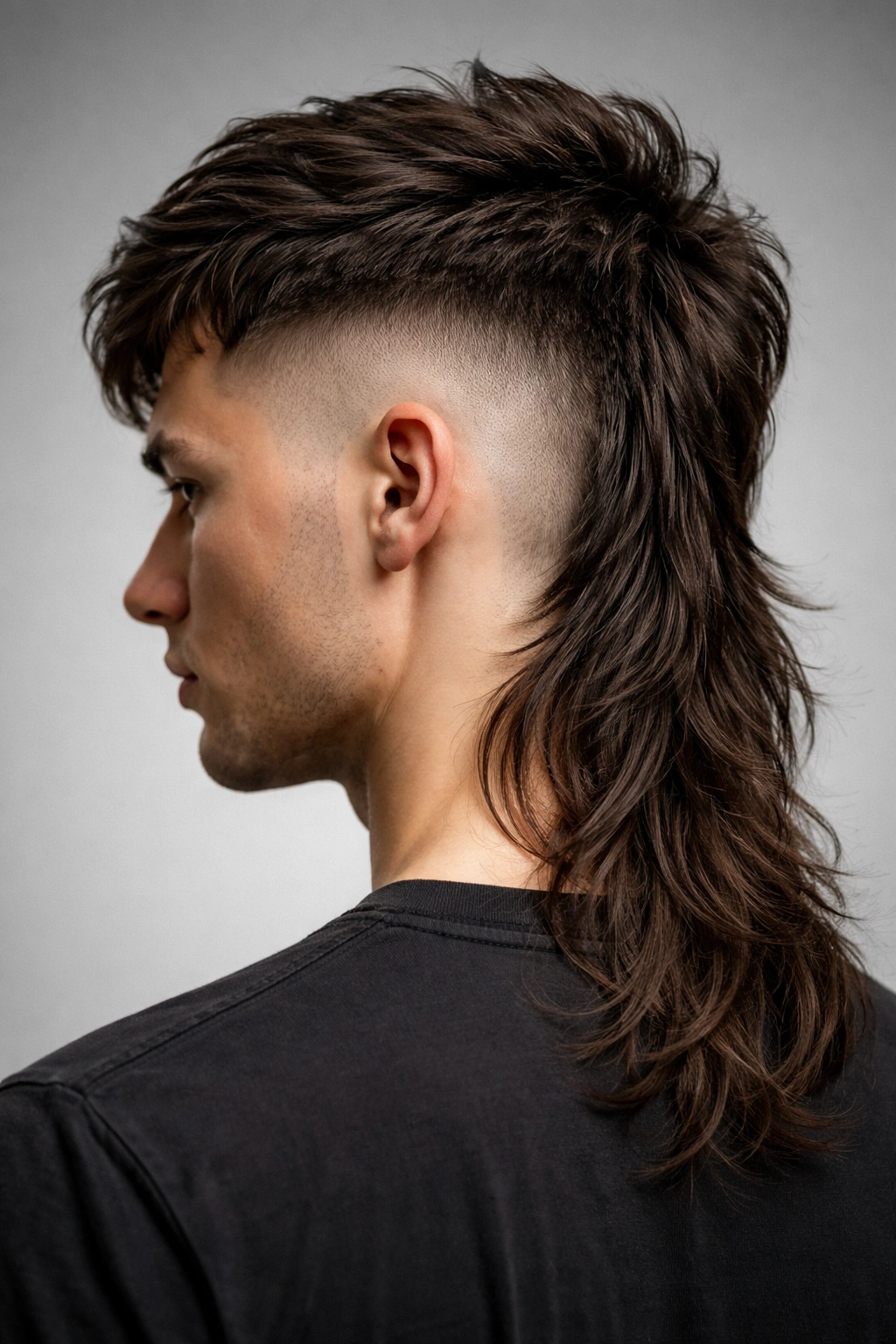 Close-up of bold disconnected undercut mullet with shaved sides and long textured back