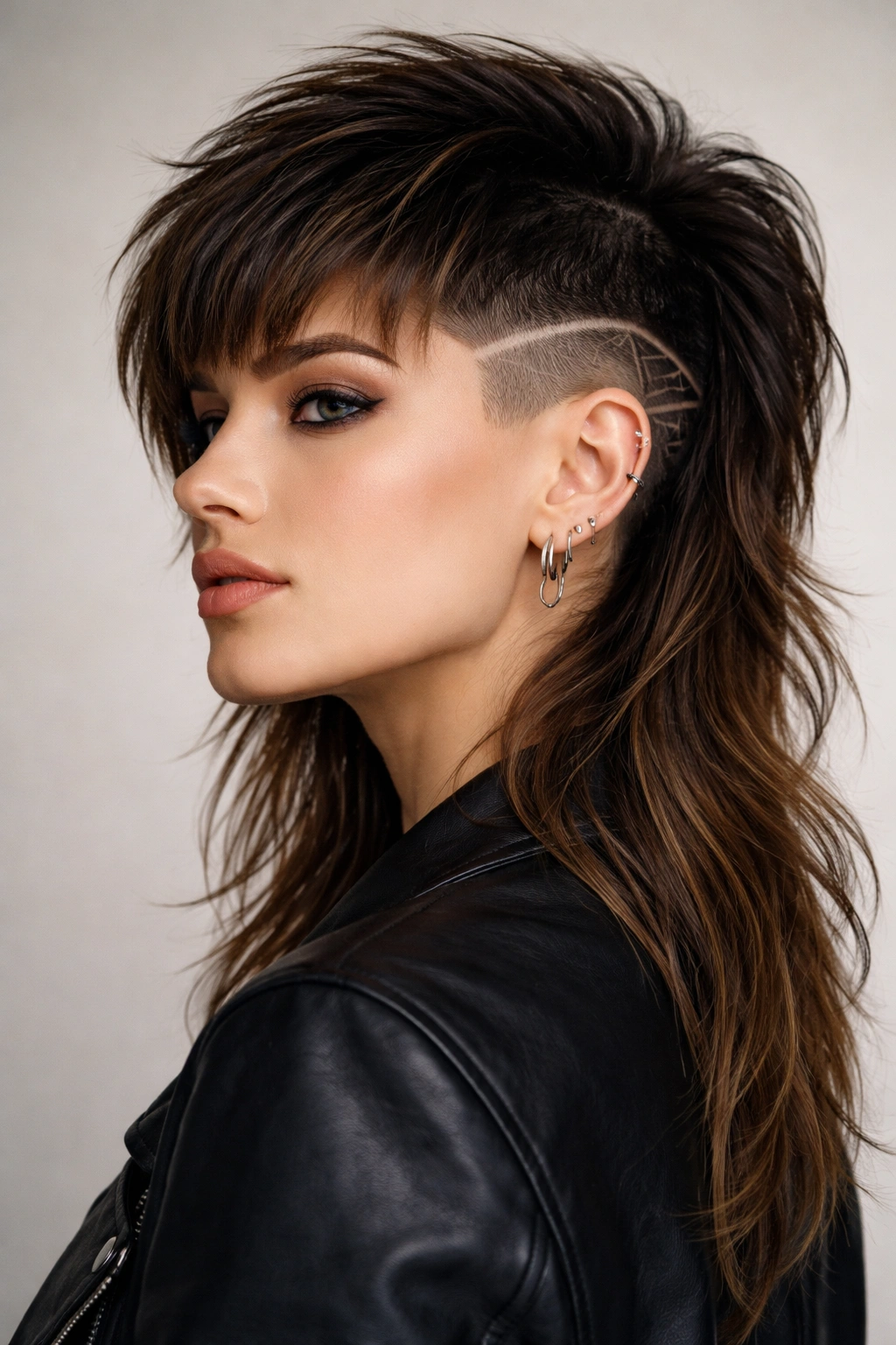 Close-up portrait of a mullet with undercut showing sharp lower-side shaved sections and long top