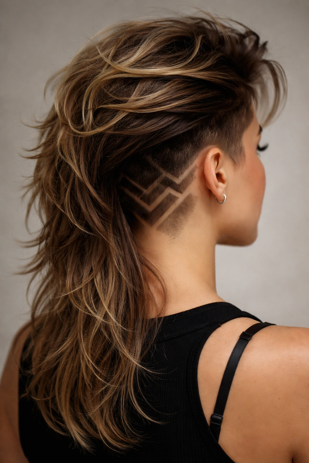 20 Flattering Mullet Cuts Women Are Requesting 13 Close-up of a mullet showing geometric undercut designs at the nape with long top hair swept back