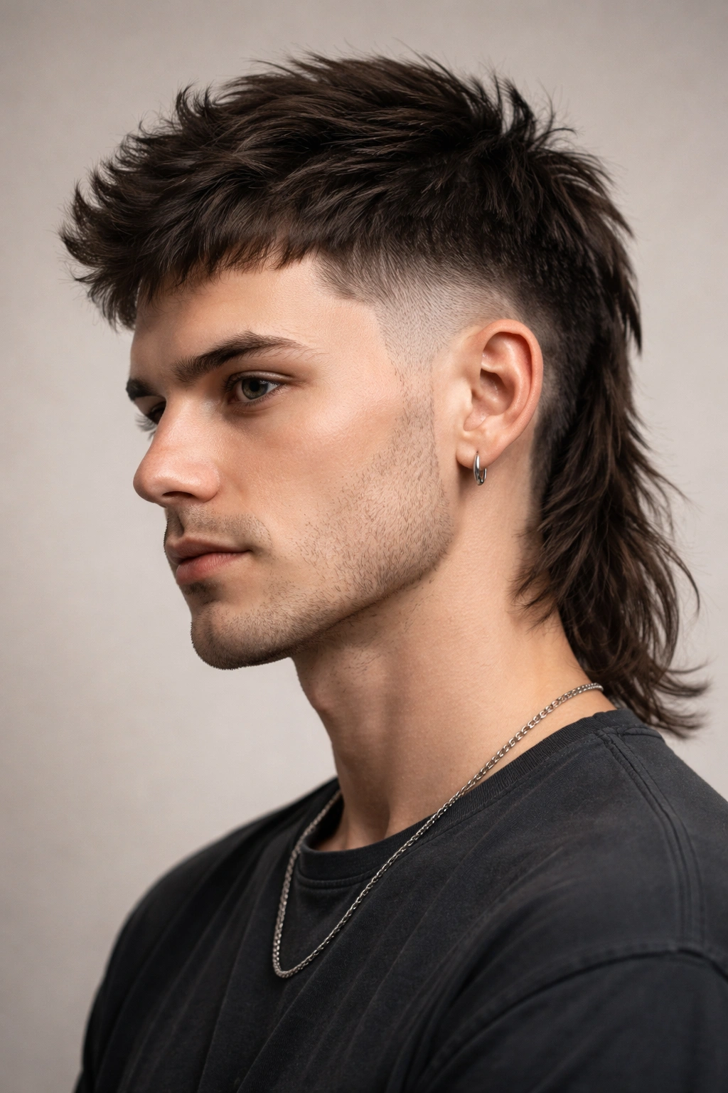 Close-up portrait showing sharp undercut and longer textured top.