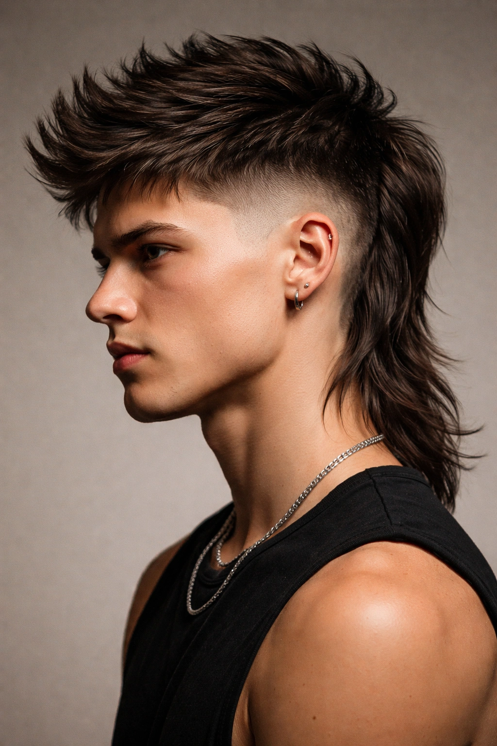 Close-up portrait of a person with a sharp undercut mullet and long back, high-contrast hairstyle