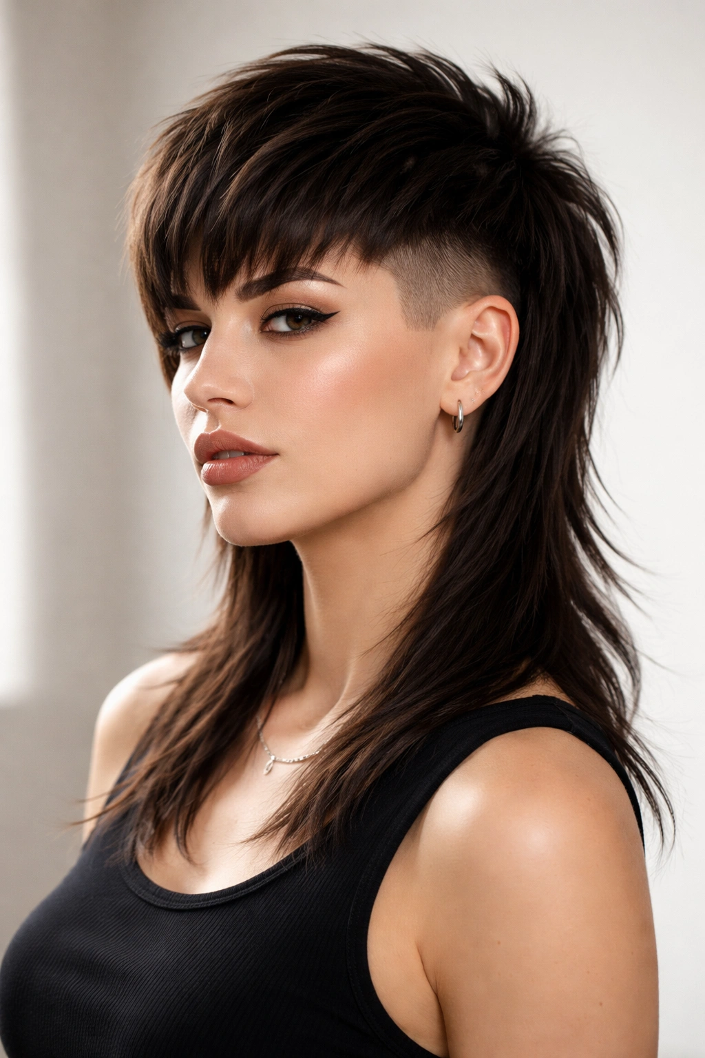 Close-up profile of a thick-haired model highlighting a blunt undercut mullet with a long textured top