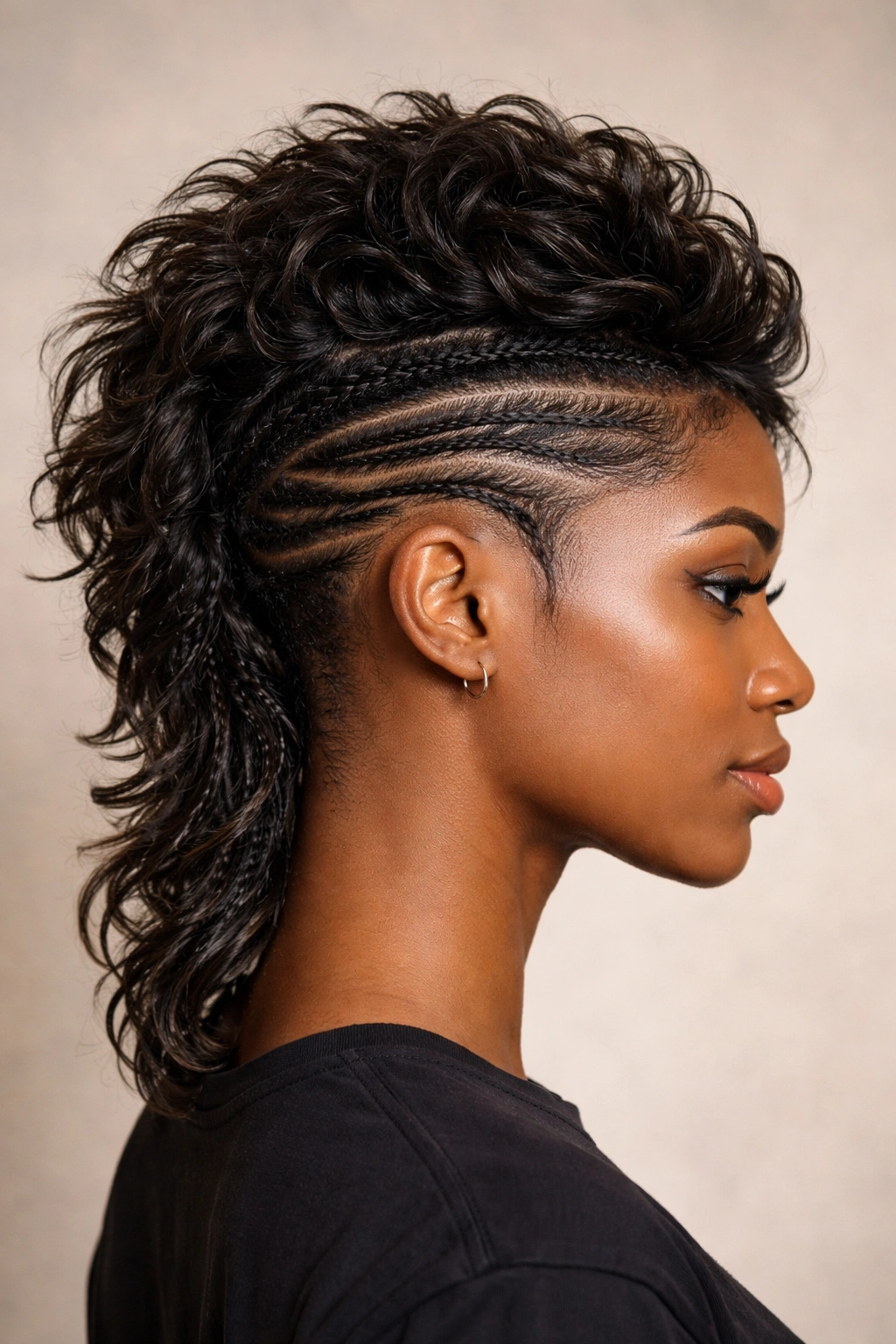 Undercut mullet with twisted details on side profile of Black woman.