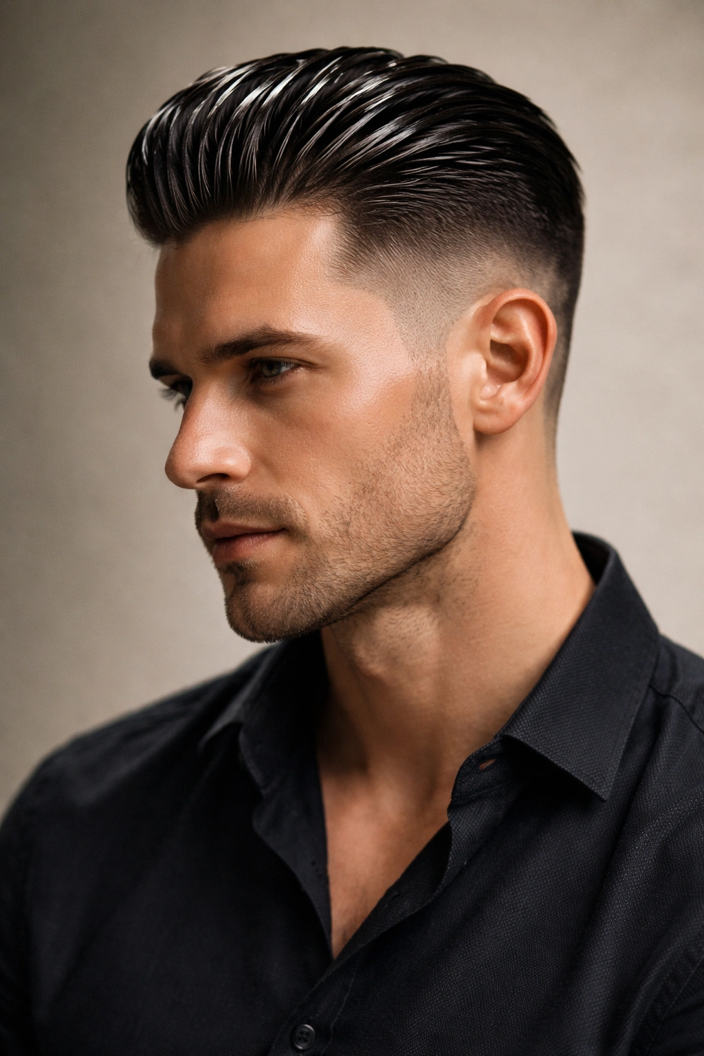 Portrait of a man with an undercut and glossy oil-slick finish on top.