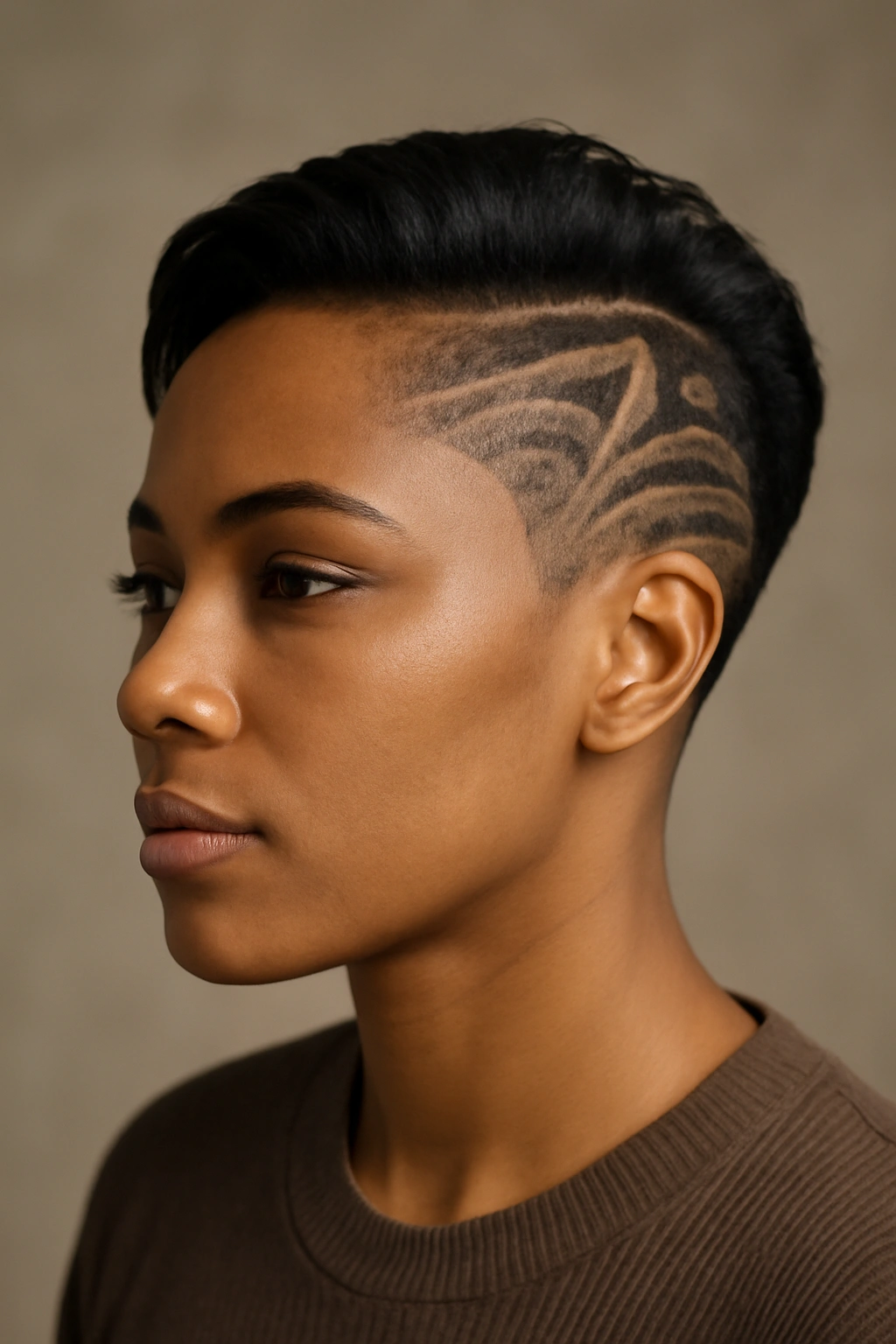 12 Short Relaxed Hairstyles Black Women Will Love 6 Three-quarter view of an undercut with a decorative shaved pattern on the side