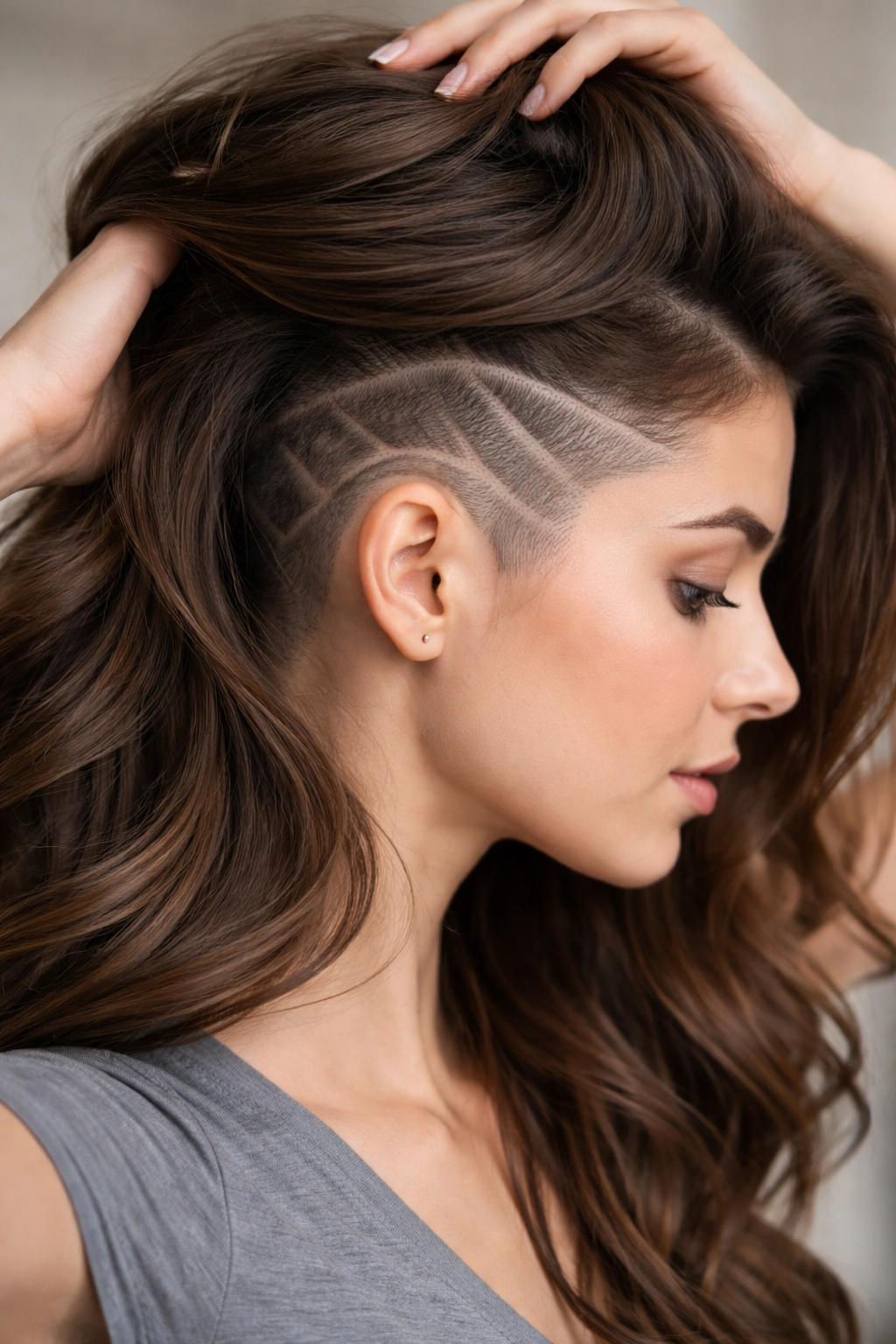 Close-up profile showing a hidden undercut pattern under long hair