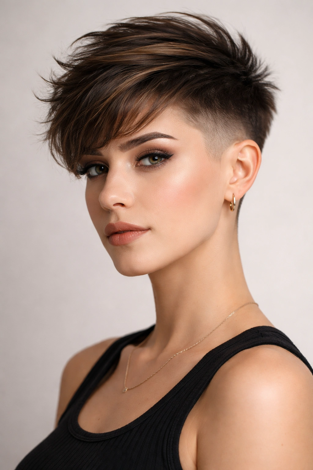 Headshot of undercut pixie with shaved sides and longer crown