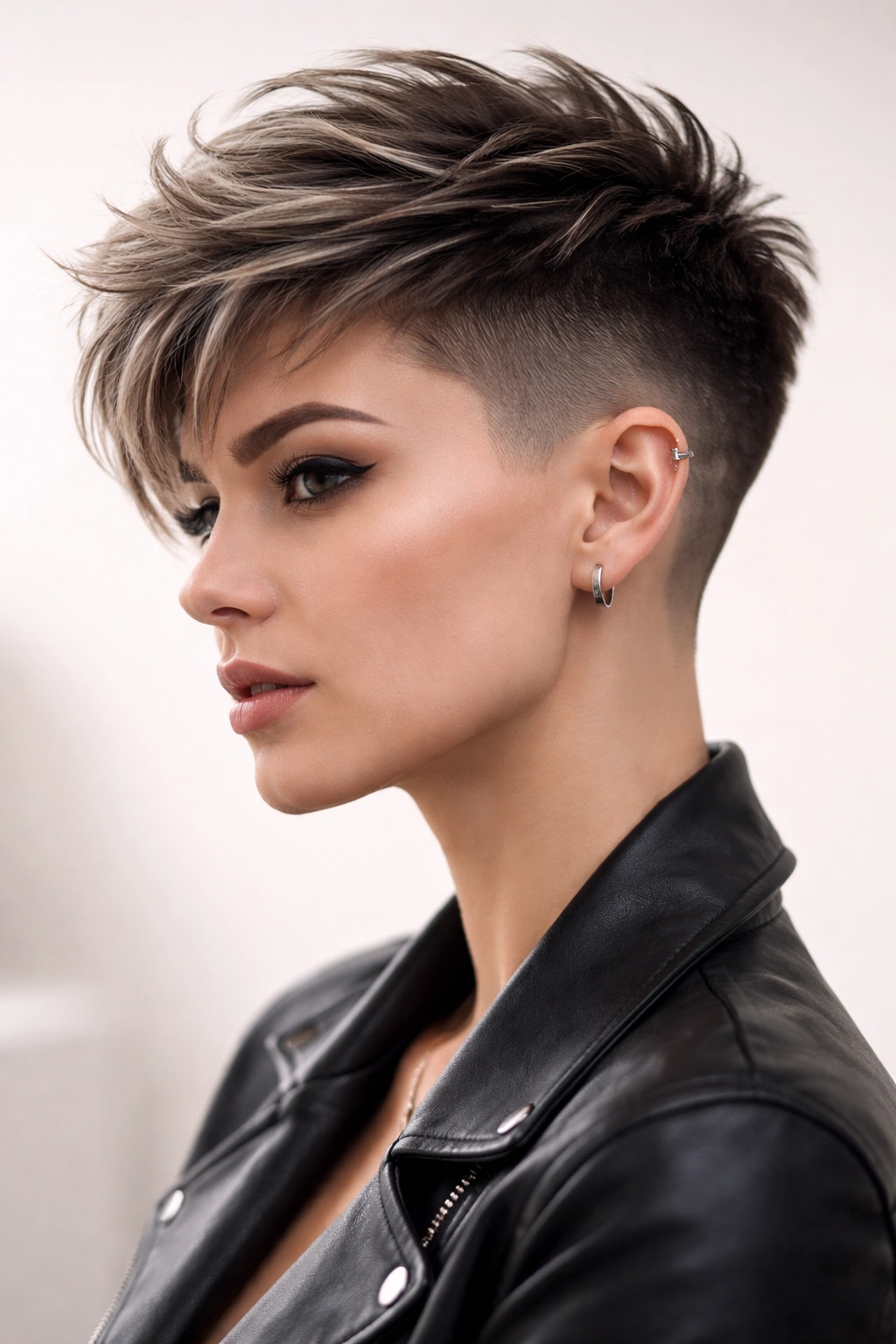 Undercut pixie with shaved sides and longer textured top