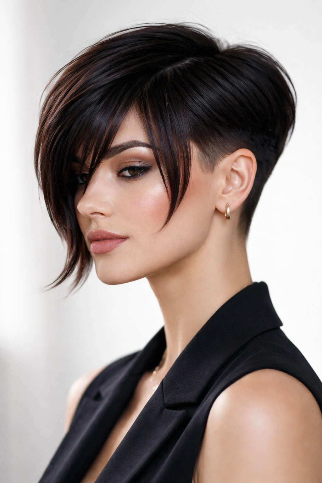 12 Short Haircuts Styled With Curtain Bangs 12 Profile view of a sleek undercut pixie with dramatic curtain bangs sweeping along the jawline