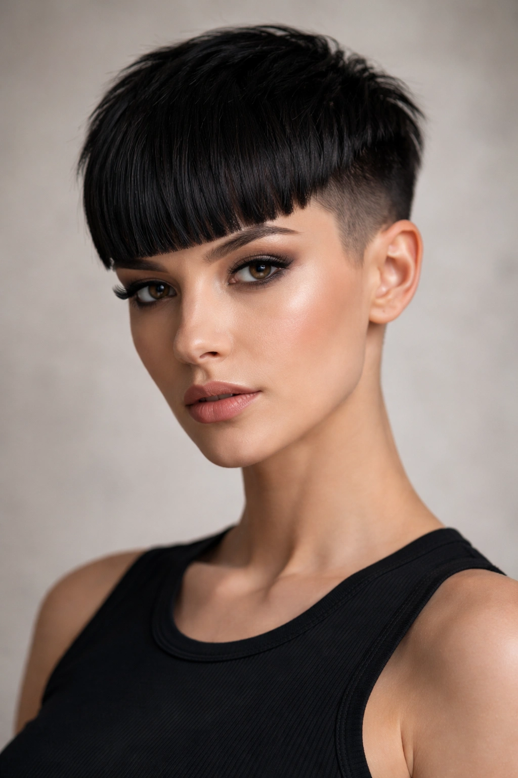 Portrait of an undercut pixie with bold blunt bangs