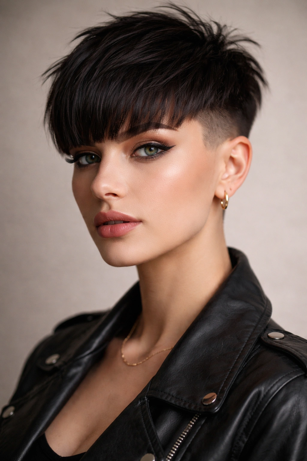 18 Pixie Cuts With Bangs For Any Face Shape 7 Close-up of The Undercut Pixie with Bold Bangs showing shaved sides and bold blunt bangs.