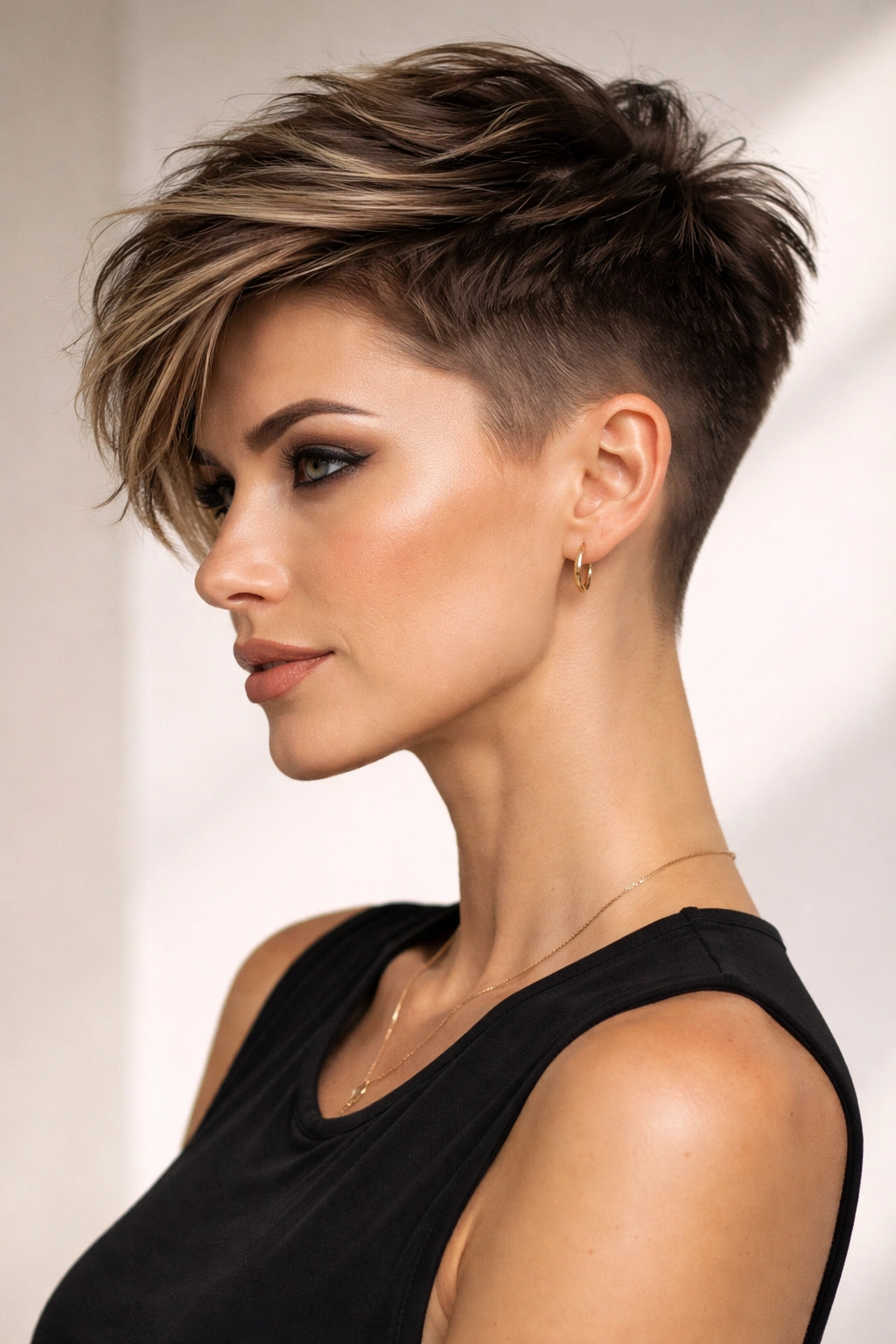 Undercut pixie with very short sides and longer top.