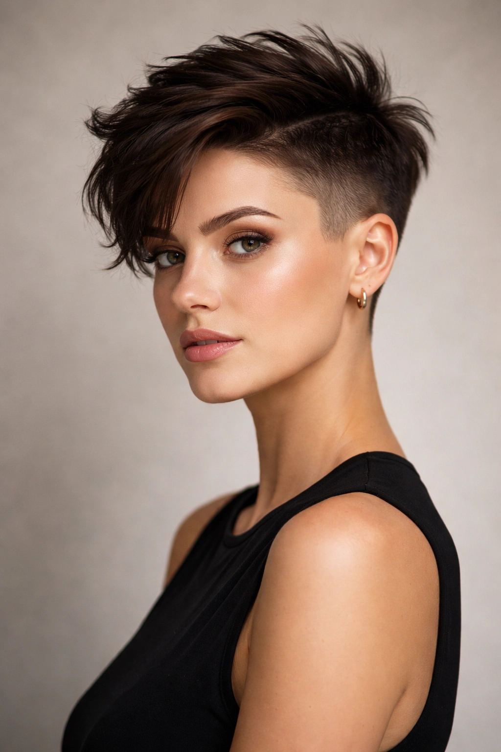 Portrait of a person with an undercut pixie, featuring shaved sides and a longer top
