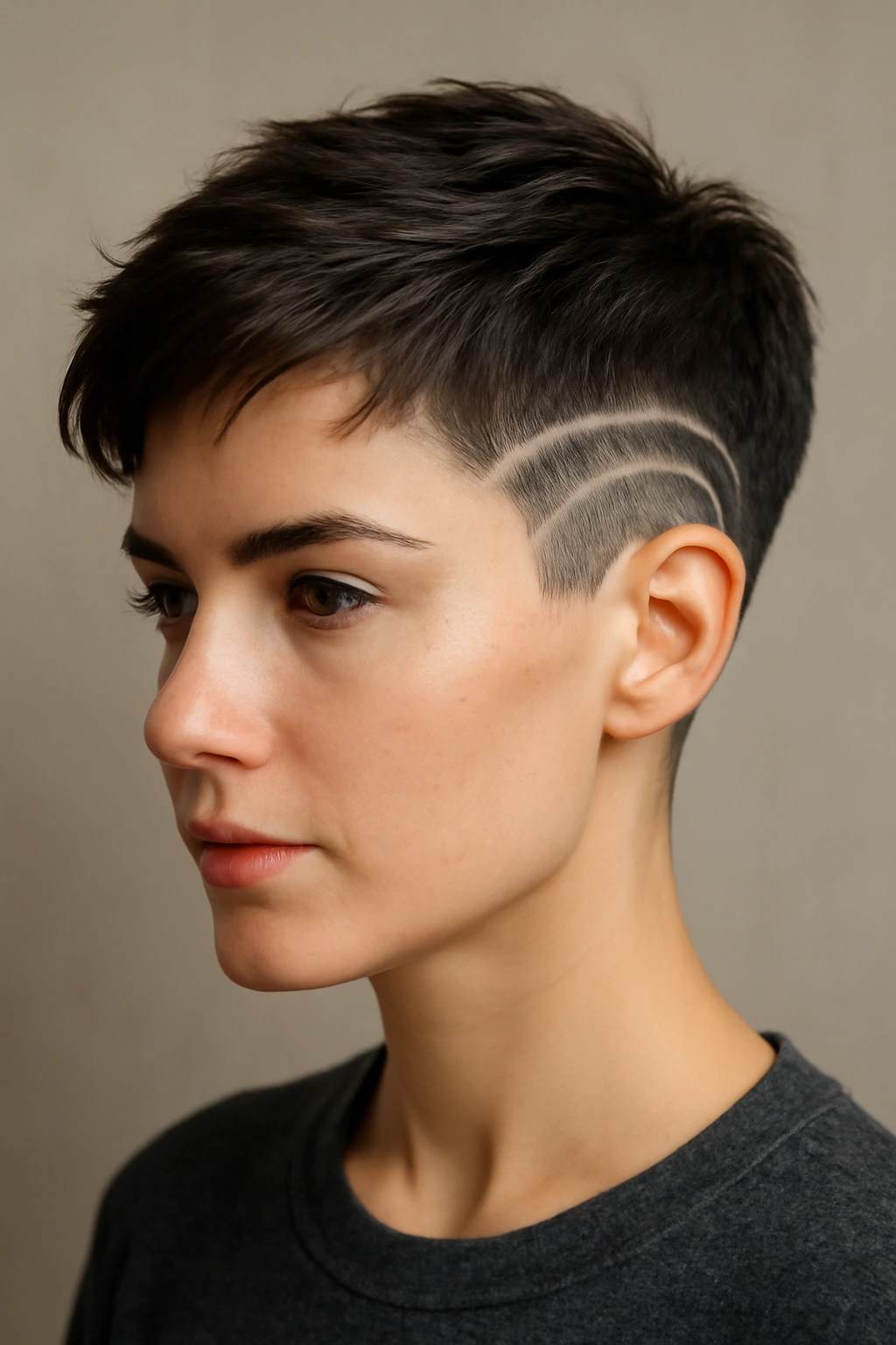 20 Pixie Cuts Sorted By Age And Face Shape 11 Close-up of pixie with undercut design shaved into sides