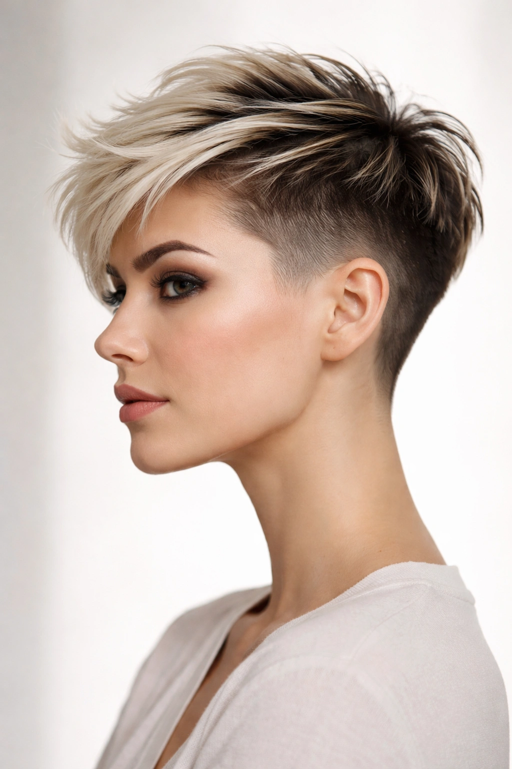 Undercut pixie with disconnected crown and short sides.