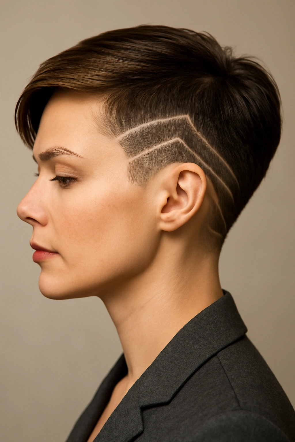 12 Polished Short Hairstyles for Women’s Job Interviews 7 Close-up head-and-shoulders of a woman with an undercut pixie and geometric shaved design.