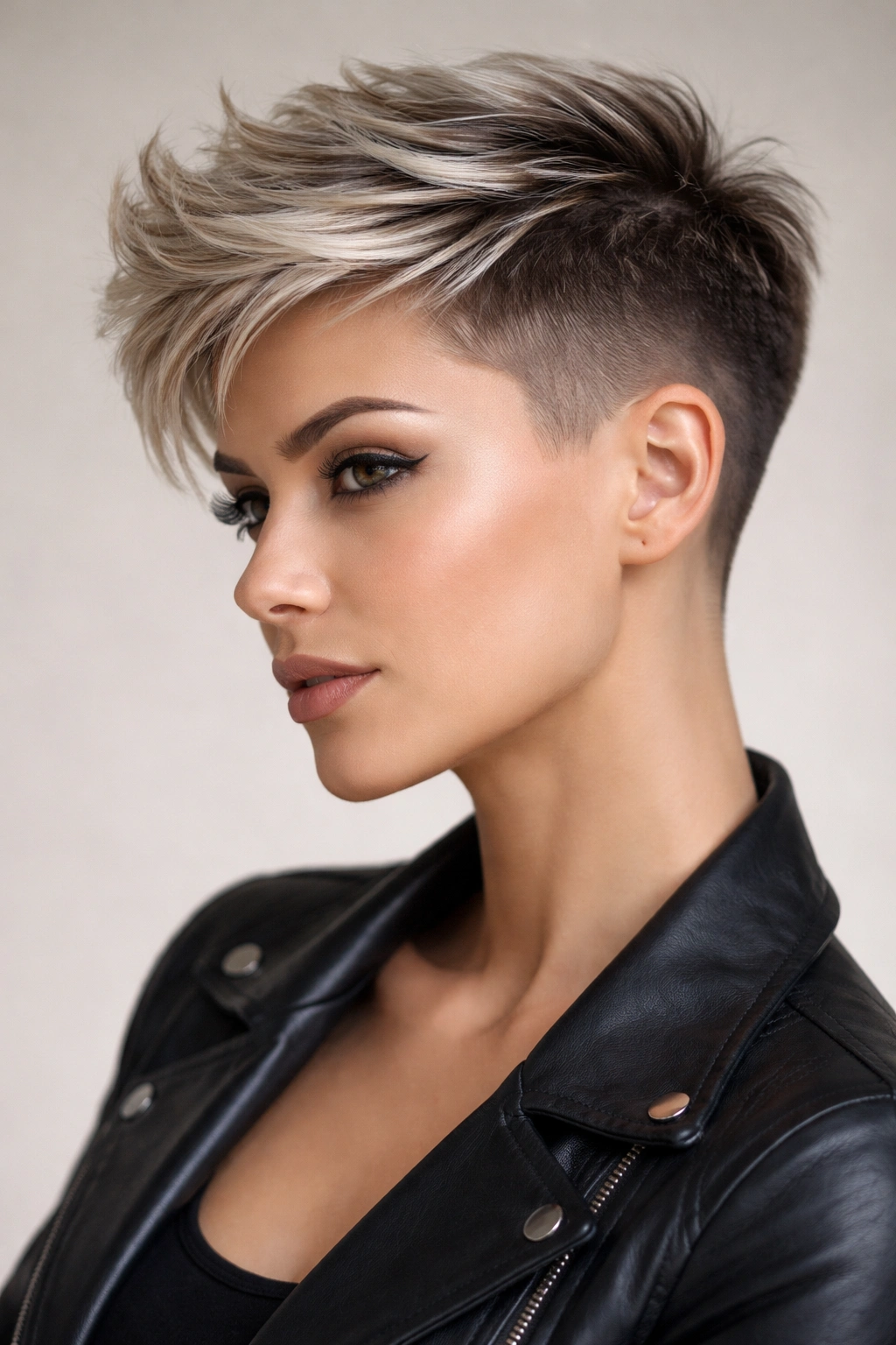 Close-up portrait of a model with an undercut pixie showing shaved sides and longer top, high-contrast style.
