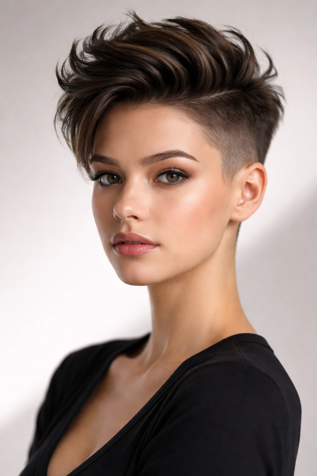 Close-up portrait of a The Undercut Pixie hairstyle with shaved sides and a longer top