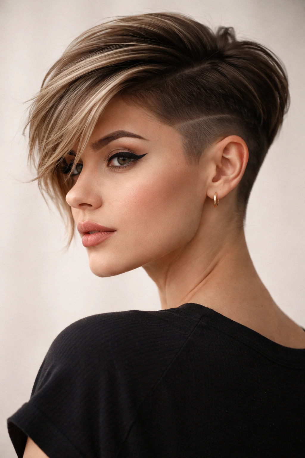 Undercut long pixie hairstyle with shaved sides and longer top.