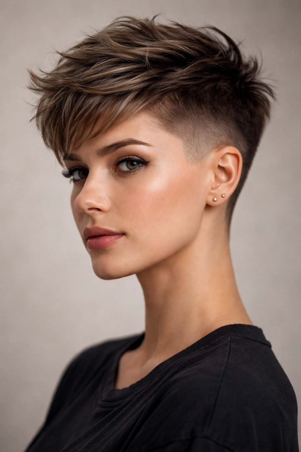 Portrait of a person with an undercut pixie, shaved sides and longer textured top.