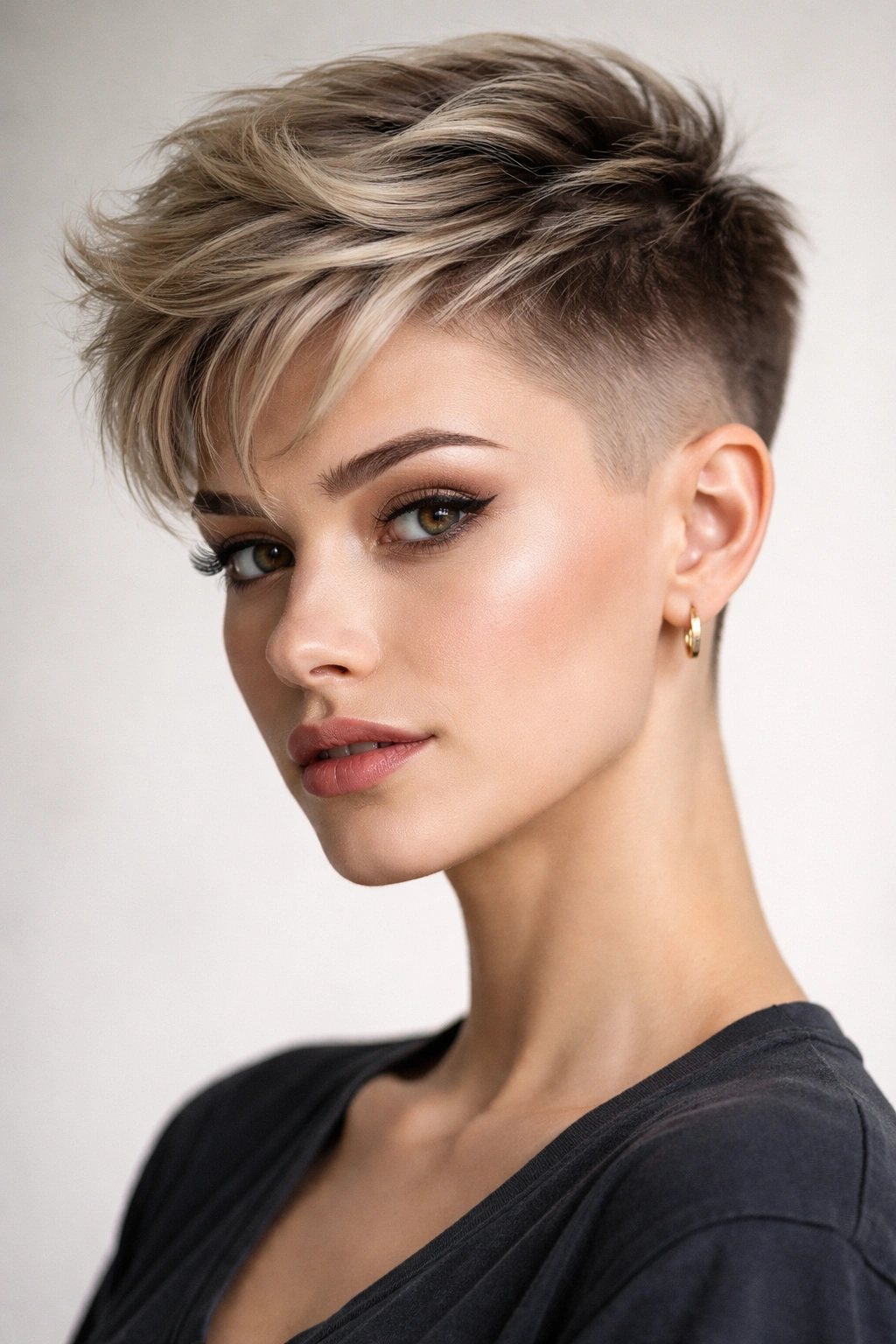 8 Undercut Pixie Styles From Soft To Sharp 13 Close-up portrait of an undercut pixie with shaved sides and textured top in studio lighting