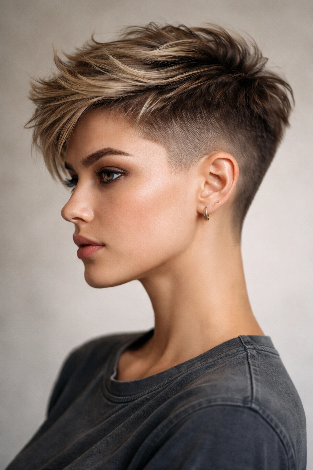 20 Really Short Haircuts Anyone Can Pull Off 13 Portrait of a person with an undercut pixie featuring shaved sides and longer top