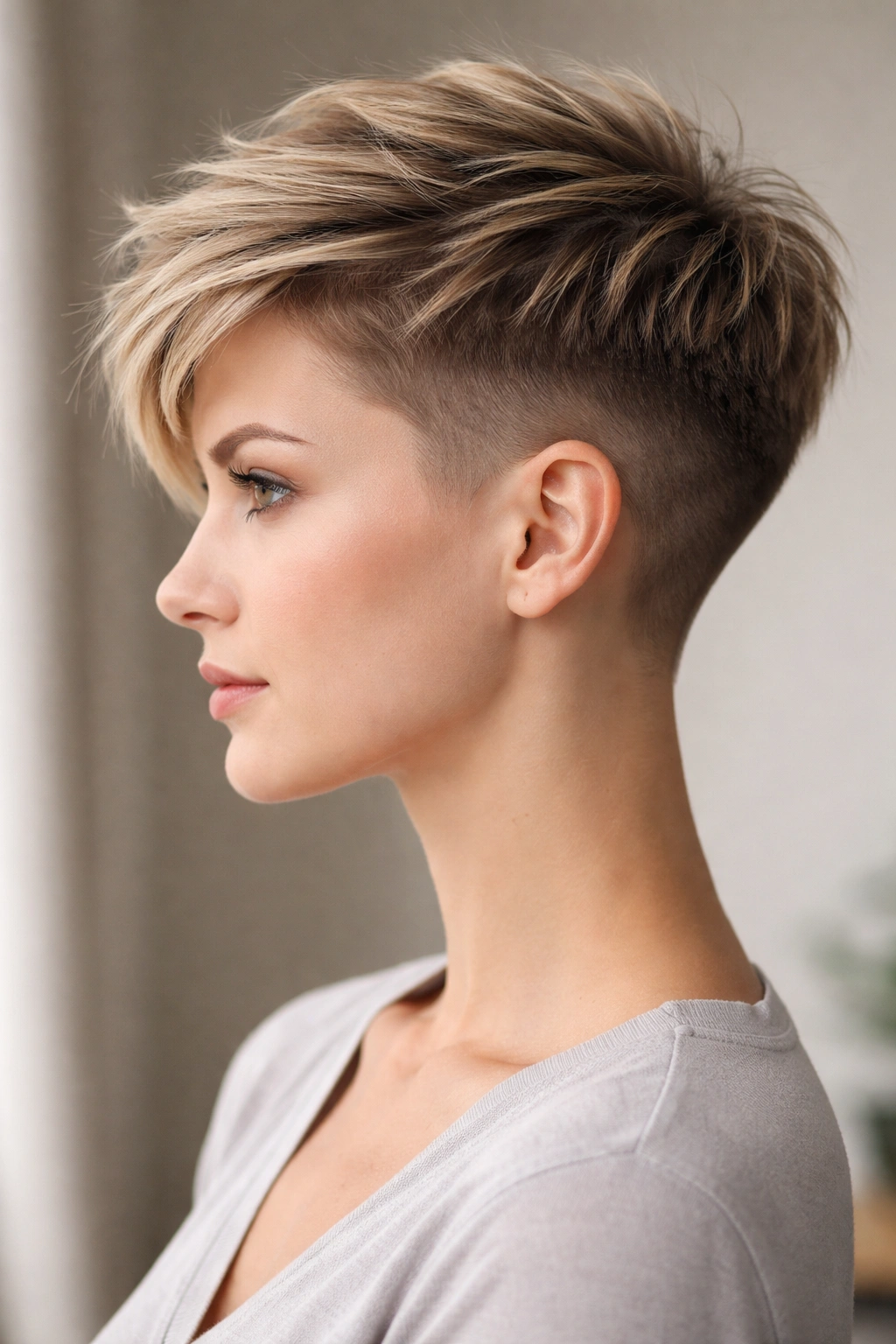 Dramatic The Undercut Pixie with short sides and longer top contrast.