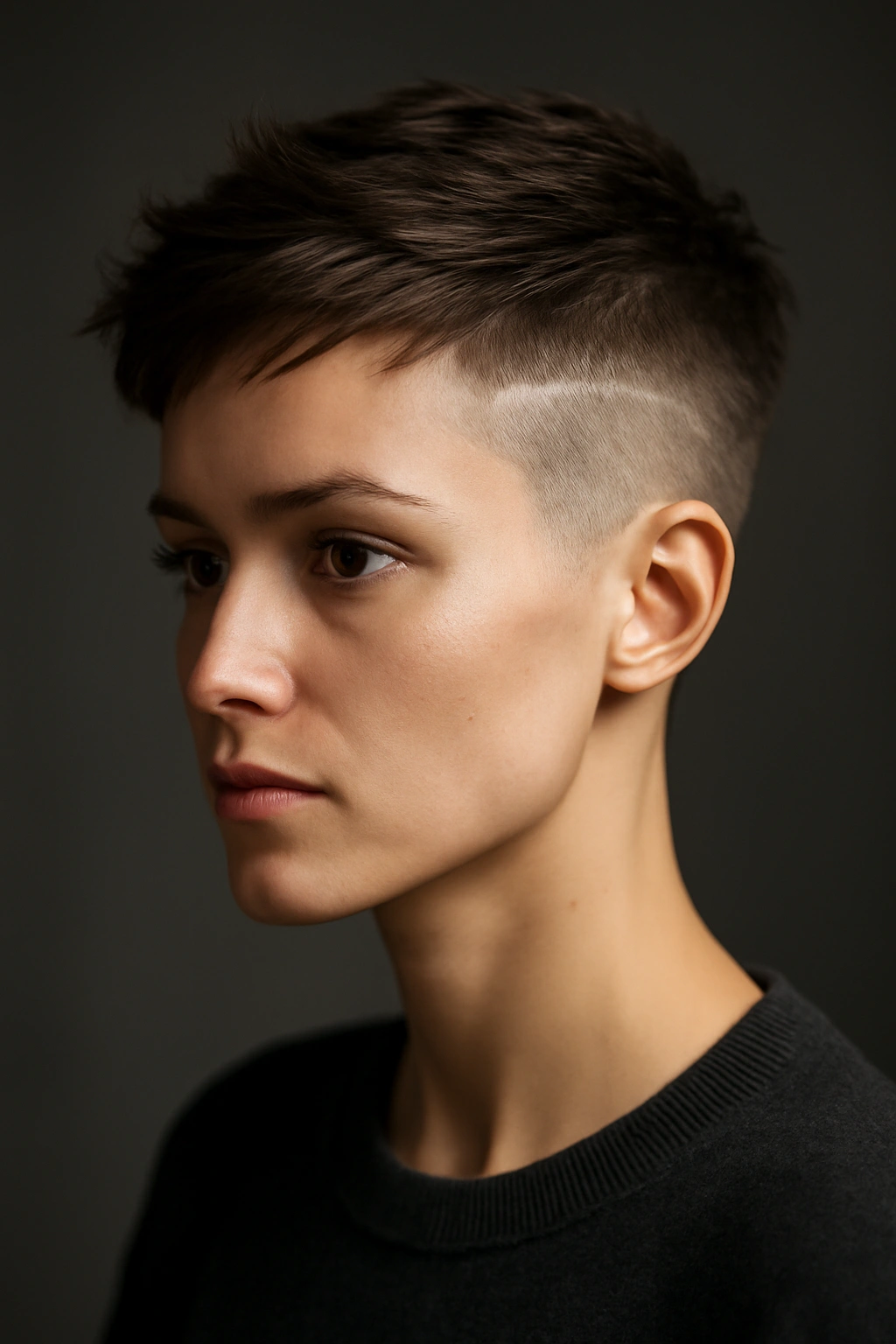 20 Pixie Styles Ranging From Classic To Edgy 3 Portrait of The Undercut Pixie with shaved sides and longer top in studio lighting