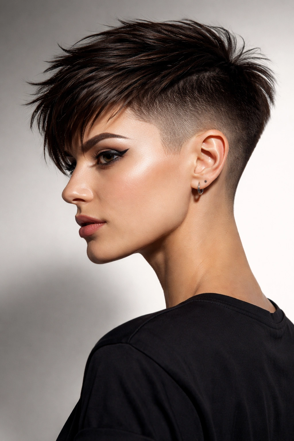 Undercut pixie with sharp lines and longer textured top