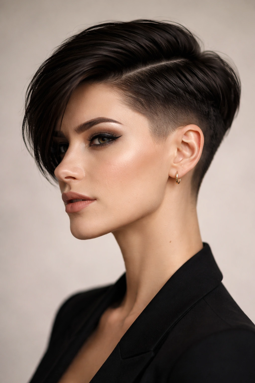 12 Long Pixie Hairstyles From Sleek To Textured 3 Portrait of sleek long pixie with undercut showing stark contrast between short sides and long top.