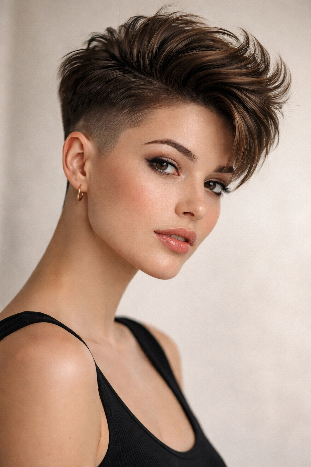 12 Pixie Cuts That Look Great On Rounder Faces 3 Undercut pixie with longer top showing dramatic contrast between shaved sides and longer crown.