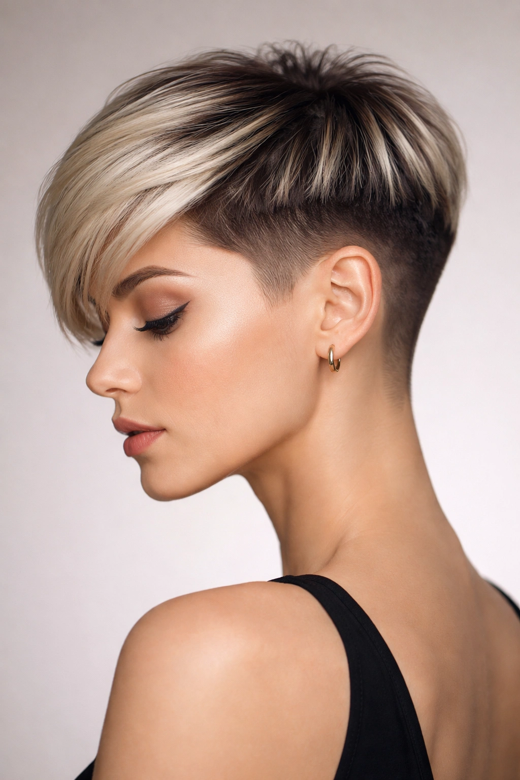 Close-up of a sleek pixie with contrasting undercut ombre