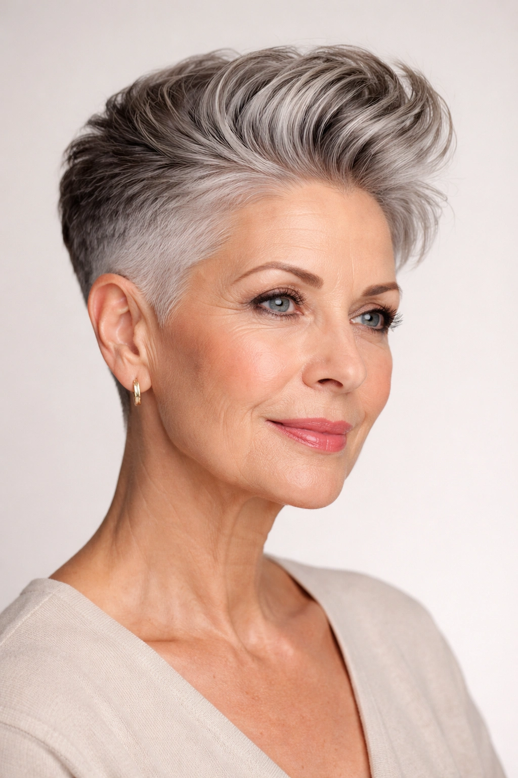 Older woman with sleek undercut pixie showing high-contrast top and sides