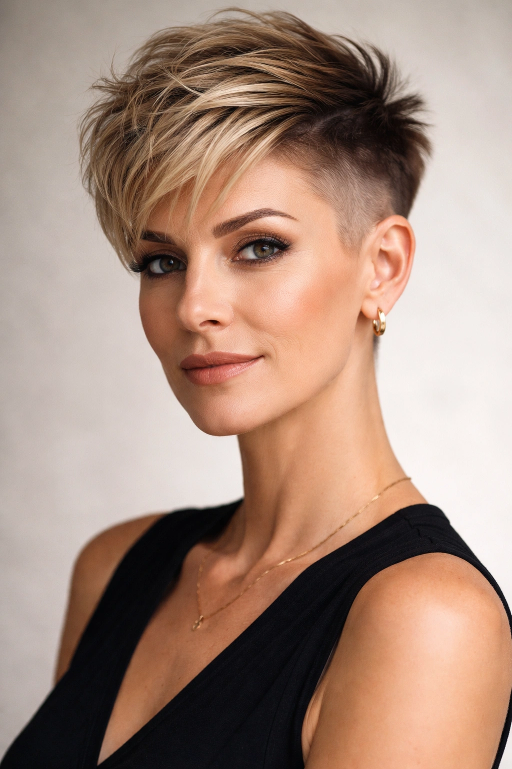 Portrait of a woman with an undercut pixie showing shaved sides and longer textured top