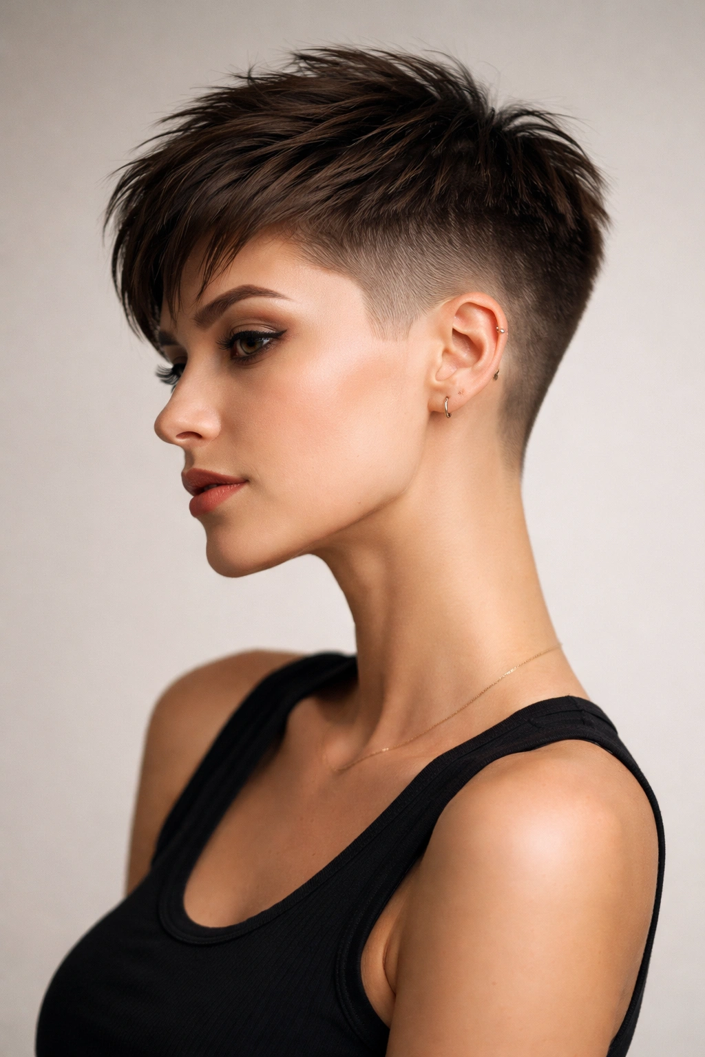 Portrait of a woman with a classic undercut pixie featuring a textured crown and shaved sides, studio lighting.