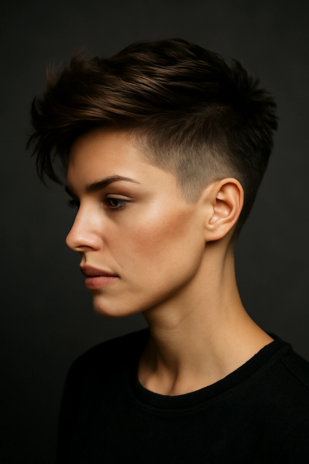 25 Short Hairstyles That Will Instantly Upgrade Your Look 11 Undercut pixie with very short sides and longer top showing bold contrast.