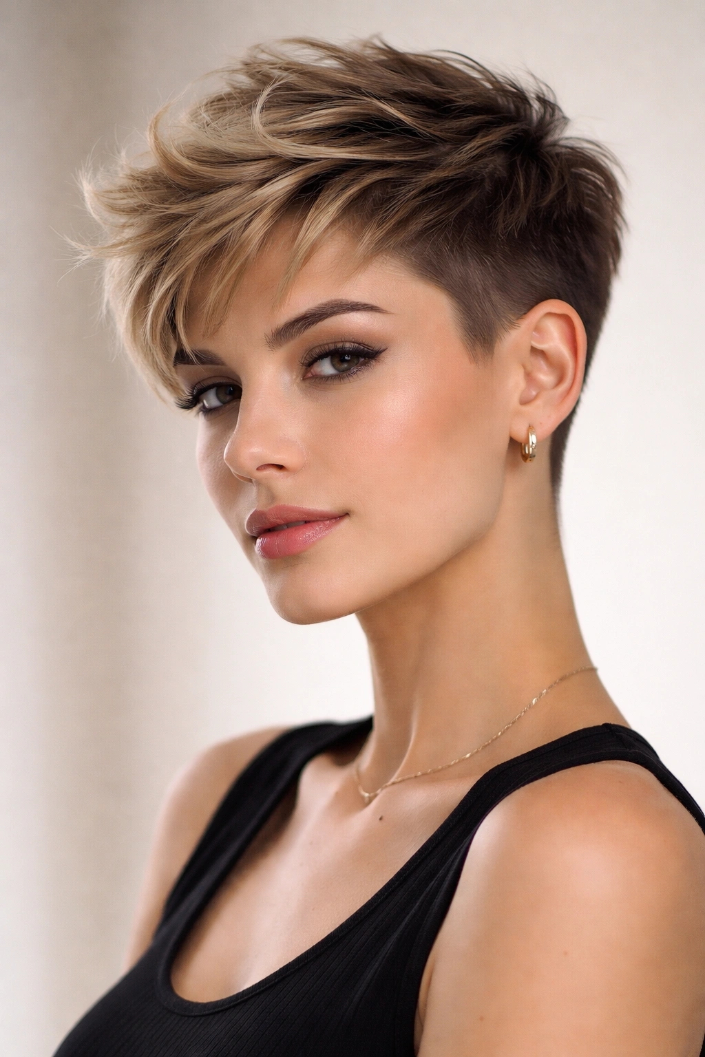 15 Pixie Cuts That Suit Every Face Shape 5 Portrait of a model with an undercut pixie showing a short undercut and textured crown